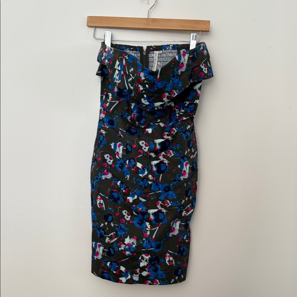 Rachel Rachel Roy Strapless Floral Sheath Dress Blue Pink Smocked Back Size 6